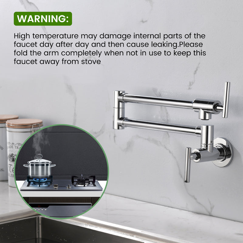 Pot Filler Faucet Wall Mount, Folding Kitchen Faucet Brass Double Joint Swing Arm, Two Handle Single Hole