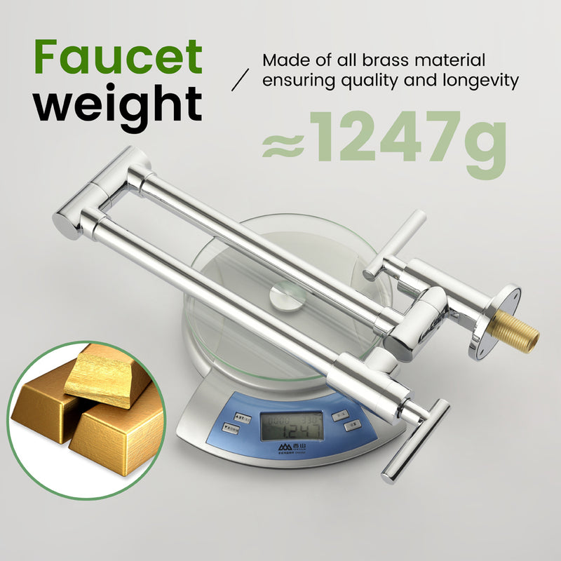Pot Filler Faucet Wall Mount, Folding Kitchen Faucet Brass Double Joint Swing Arm, Two Handle Single Hole