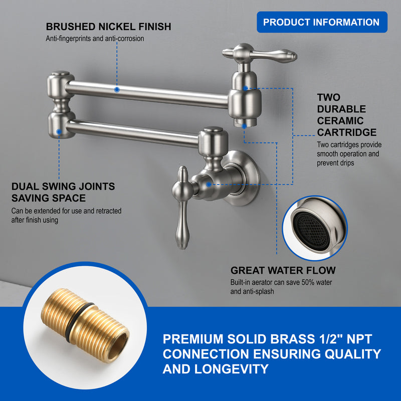 Pot Filler Faucet Wall Mount Brass Faucets Kitchen Commercial Faucet Folding Kitchen Faucet Lead-Free Restaurant Faucets 2 Handles Double Joint Swing Arm Faucet