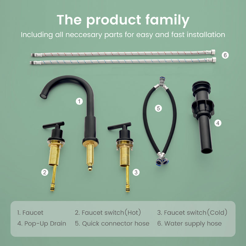 Two Handle High Arc Widespread Bathroom Sink Faucet 3 Hole with Pop-Up Drain and Water Supply Lines