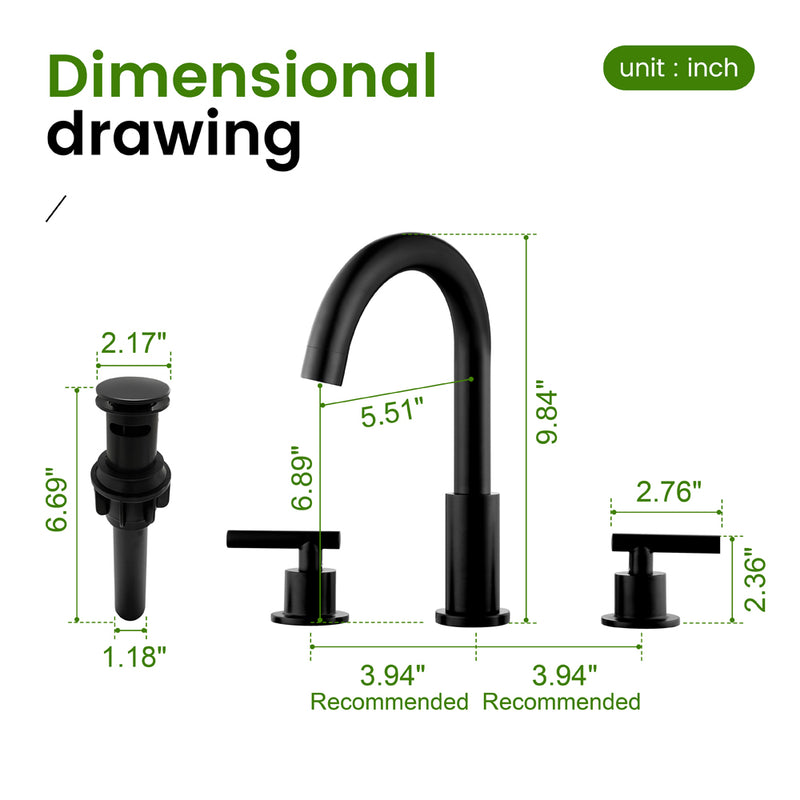 Two Handle High Arc Widespread Bathroom Sink Faucet 3 Hole with Pop-Up Drain and Water Supply Lines