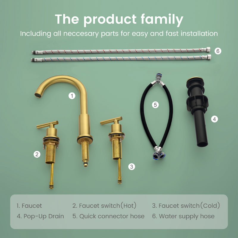 Two Handle High Arc Widespread Bathroom Sink Faucet 3 Hole with Pop-Up Drain and Water Supply Lines