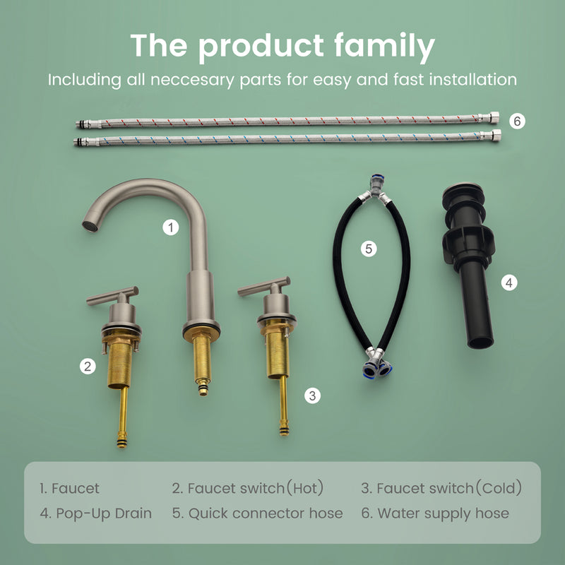 Two Handle High Arc Widespread Bathroom Sink Faucet 3 Hole with Pop-Up Drain and Water Supply Lines