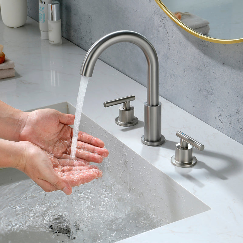 Two Handle High Arc Widespread Bathroom Sink Faucet 3 Hole with Pop-Up Drain and Water Supply Lines