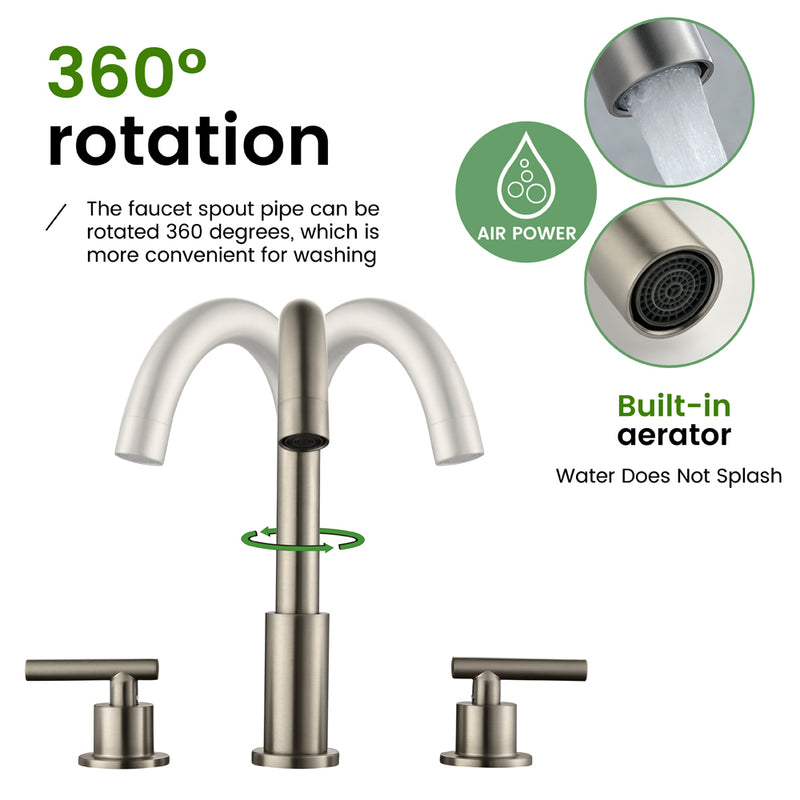 Two Handle High Arc Widespread Bathroom Sink Faucet 3 Hole with Pop-Up Drain and Water Supply Lines