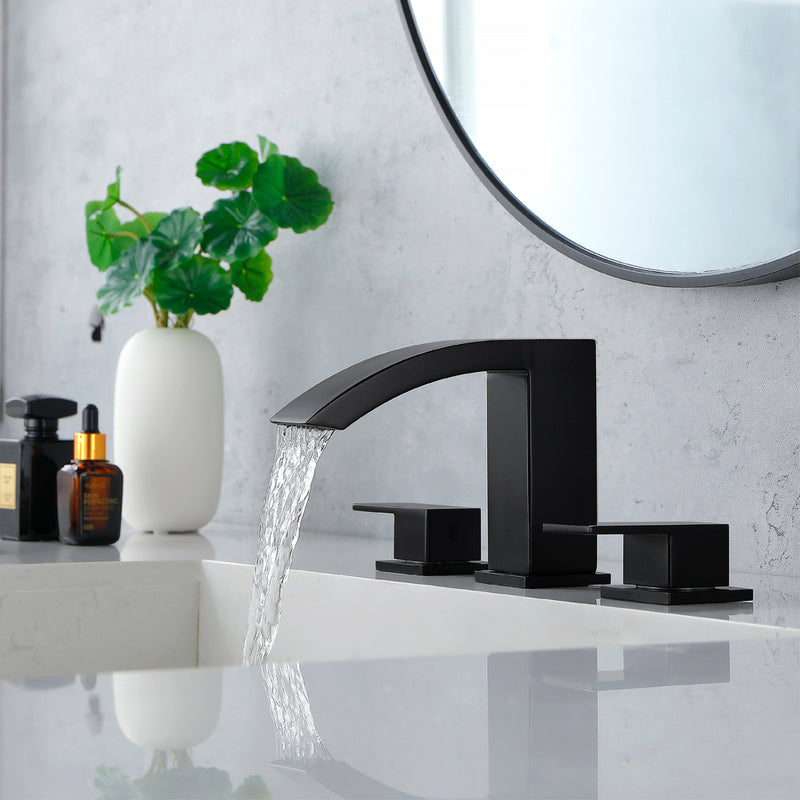 Waterfall Bathroom Faucet 3 Holes Widespread Bathroom Sink Faucet | Two Handles Lavatory Vanity Sink Faucets with Pop-up Drain Assembly & Supply Lines