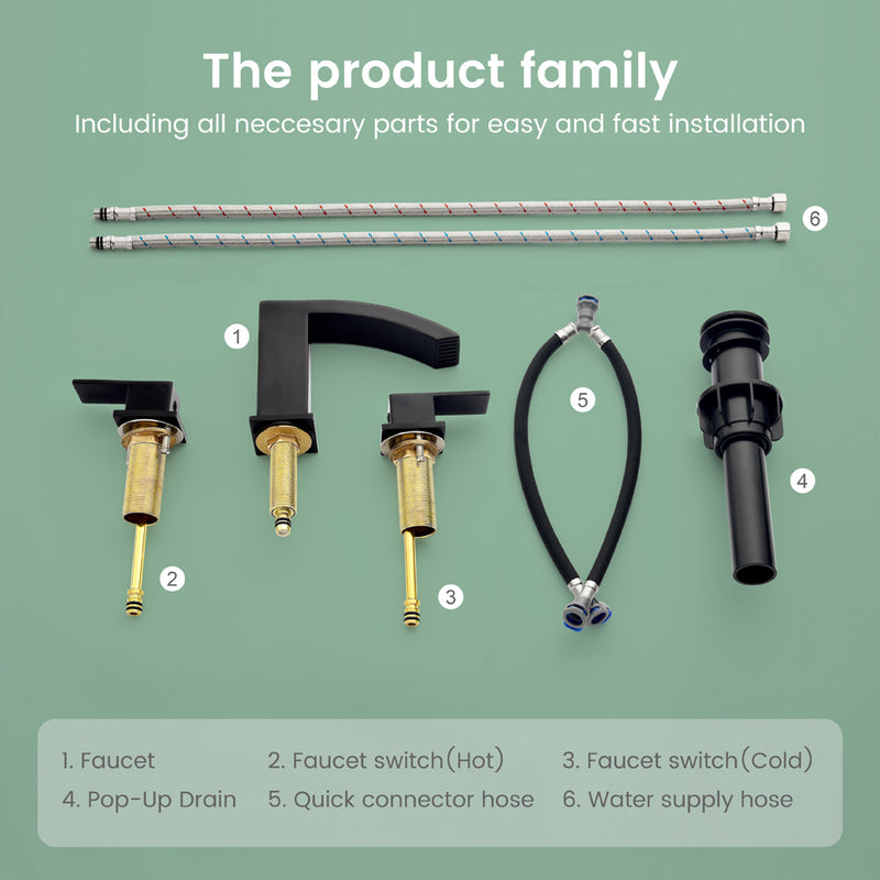 Waterfall Bathroom Faucet 3 Holes Widespread Bathroom Sink Faucet | Two Handles Lavatory Vanity Sink Faucets with Pop-up Drain Assembly & Supply Lines