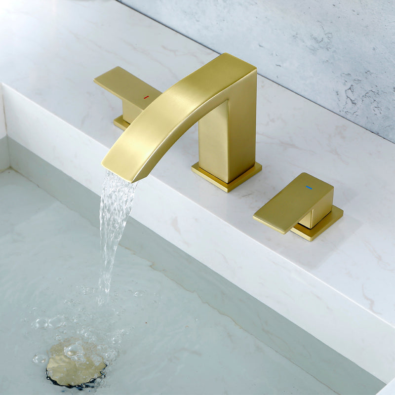 Waterfall Bathroom Faucet 3 Holes Widespread Bathroom Sink Faucet | Two Handles Lavatory Vanity Sink Faucets with Pop-up Drain Assembly & Supply Lines