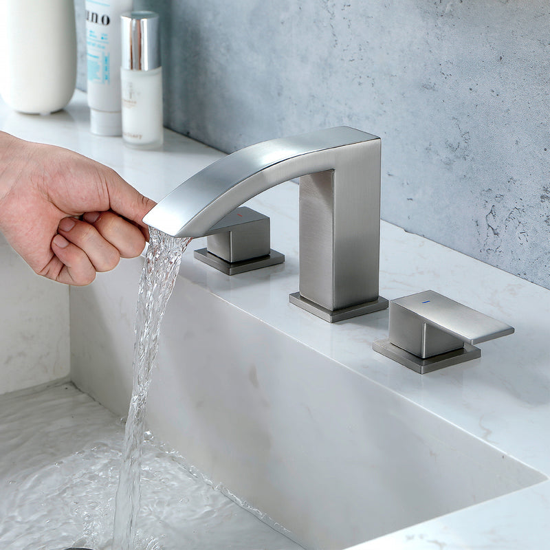 Waterfall Bathroom Faucet 3 Holes Widespread Bathroom Sink Faucet | Two Handles Lavatory Vanity Sink Faucets with Pop-up Drain Assembly & Supply Lines