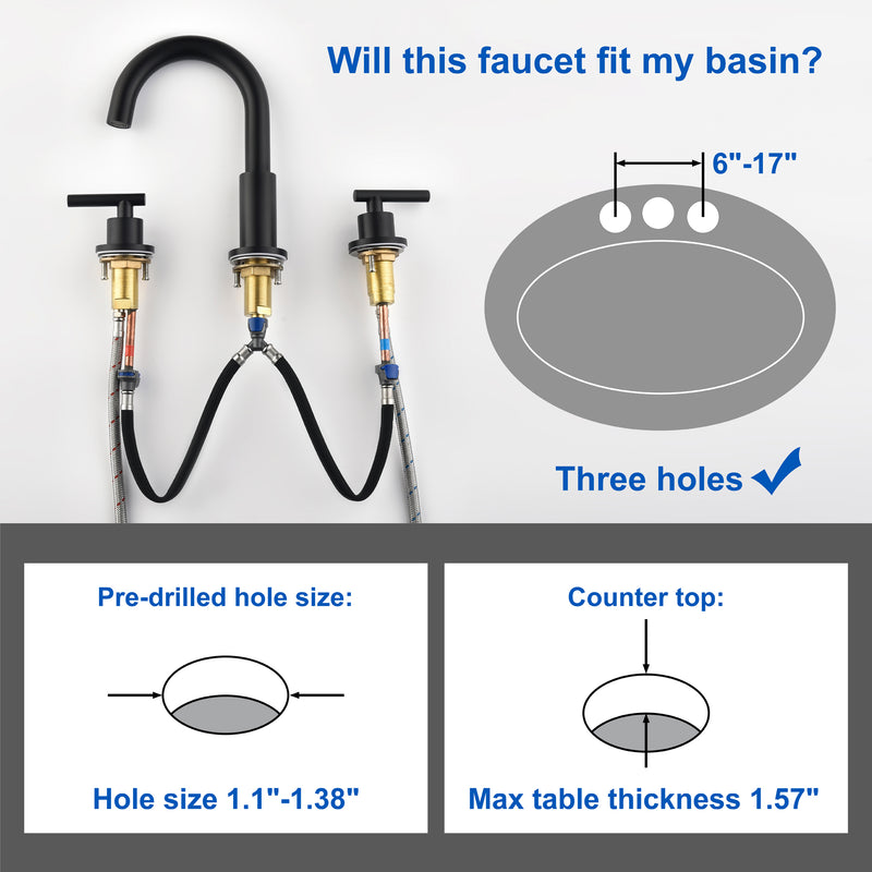 3 Hole Brass Bathroom Sink Faucet, 2 Handle 8 Inch Widespread Laundry Sink Faucet  Black