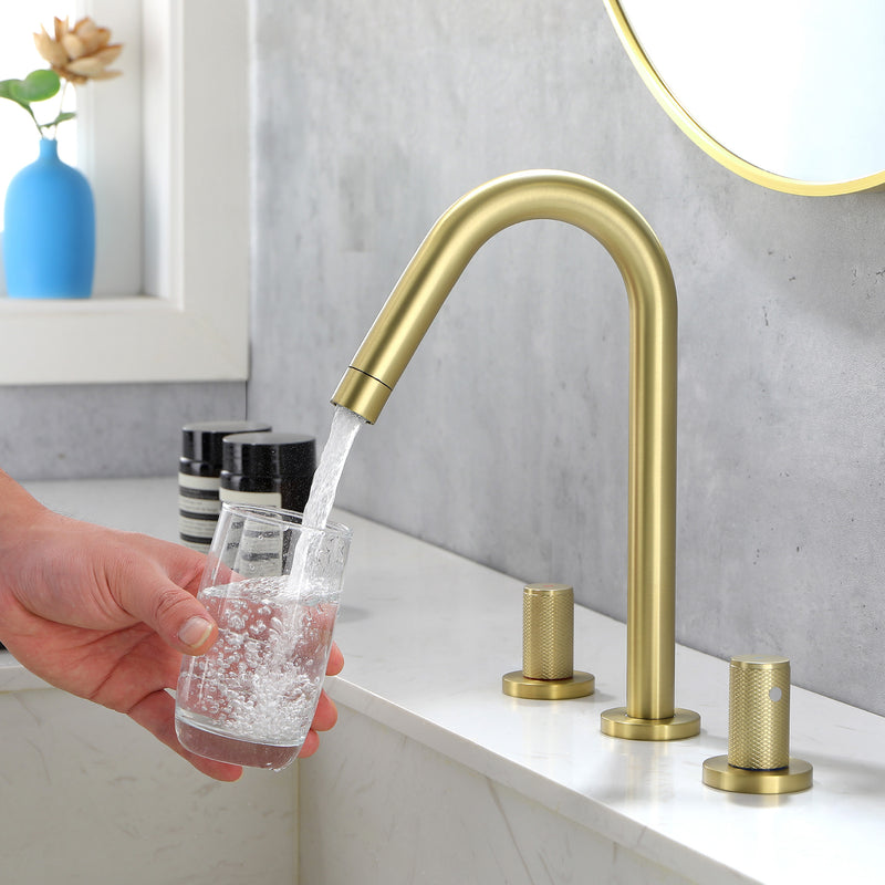 SHAMANDA 2 Handle Bathroom Faucets for Sink 3 Hole, High-Arch Swivel Spout Deck Mounted 8 Inch Widespread Basin Faucet