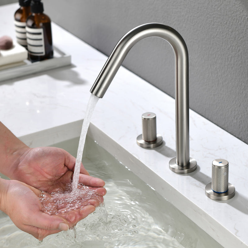 SHAMANDA 2 Handle Bathroom Faucets for Sink 3 Hole, High-Arch Swivel Spout Deck Mounted 8 Inch Widespread Basin Faucet