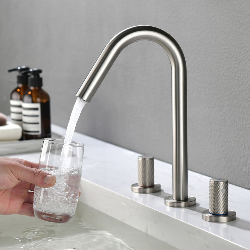 SHAMANDA 2 Handle Bathroom Faucets for Sink 3 Hole, High-Arch Swivel Spout Deck Mounted 8 Inch Widespread Basin Faucet