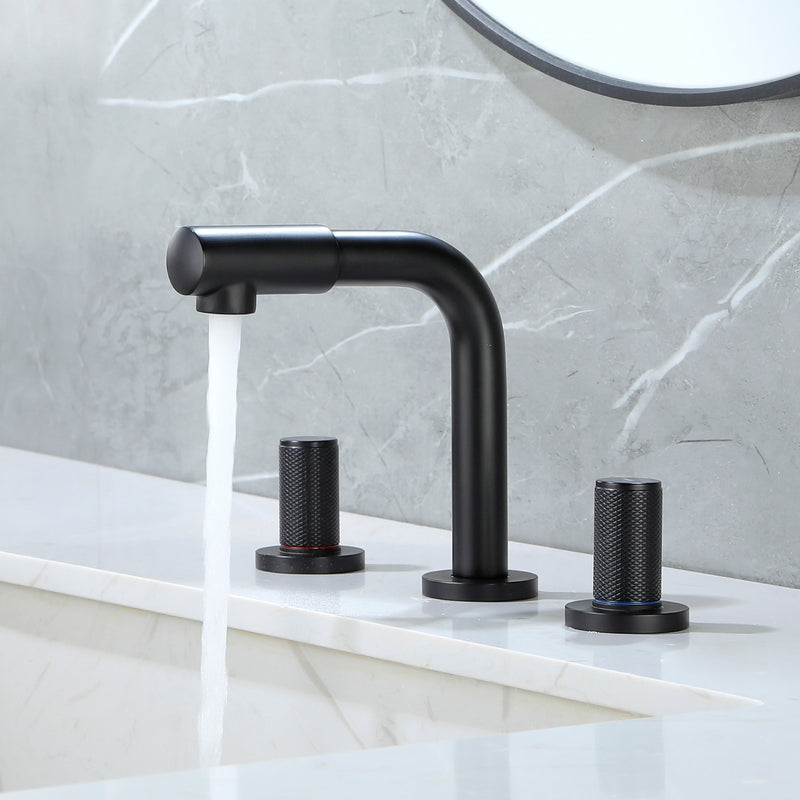 8 Inch Widespread Faucet with 360 Degree Swivel Nozzle and Spout, Modern 2 Unique Knob Handles