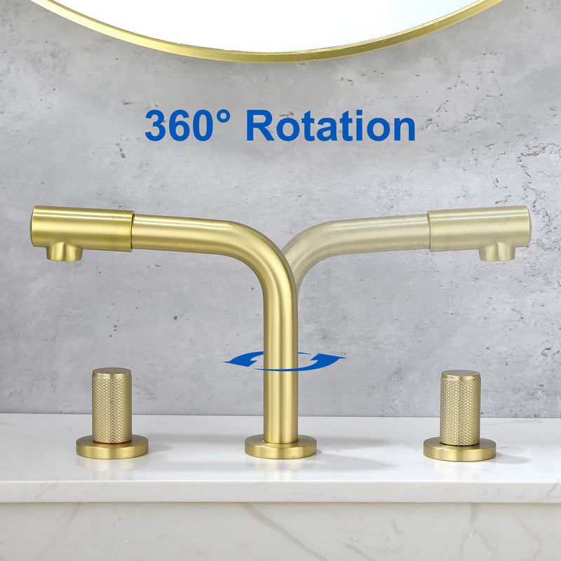 8 Inch Widespread Faucet with 360 Degree Swivel Nozzle and Spout, Modern 2 Unique Knob Handles