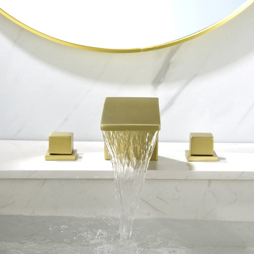 SHAMANDA Bathroom Basin Faucet 3 Holes 2 Square Handles Brushed Gold Sink Faucet
