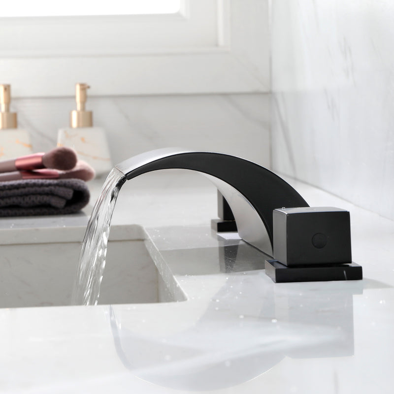 Bathroom Roman Tub Faucet with Waterfall Spout, 3 Hole Deck Mount Widespread Basin Faucet
