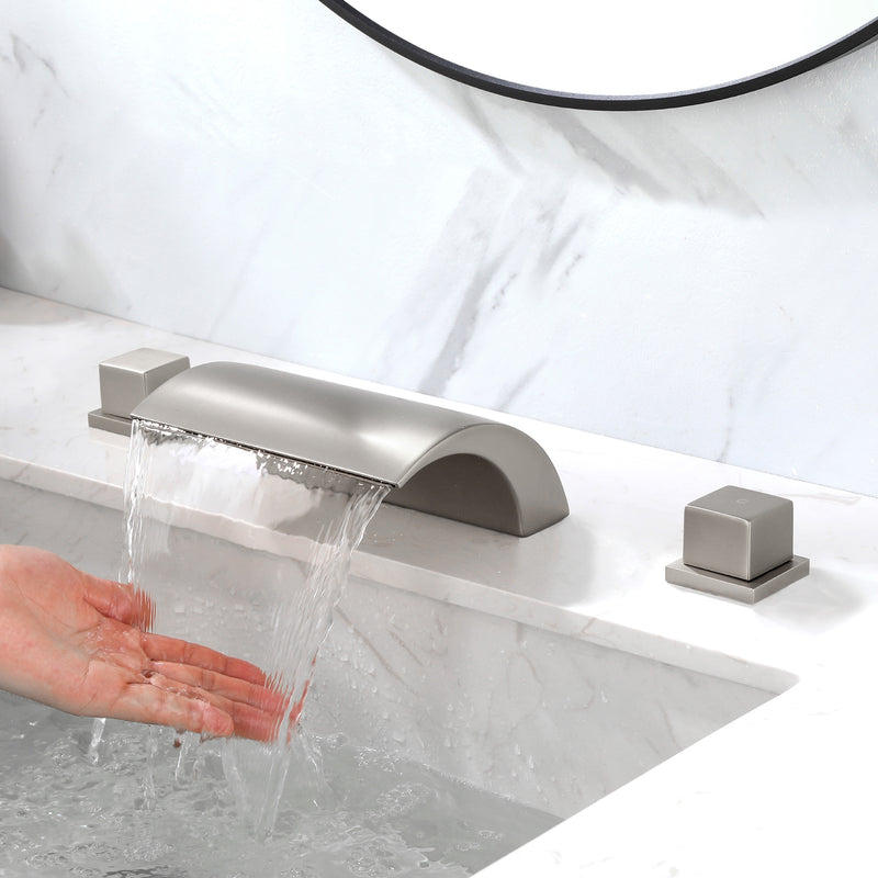 Bathroom Roman Tub Faucet with Waterfall Spout, 3 Hole Deck Mount Widespread Basin Faucet