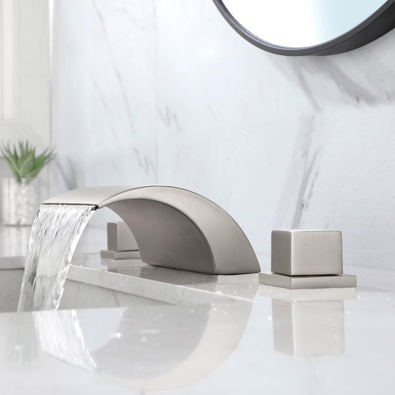 Bathroom Roman Tub Faucet with Waterfall Spout, 3 Hole Deck Mount Widespread Basin Faucet