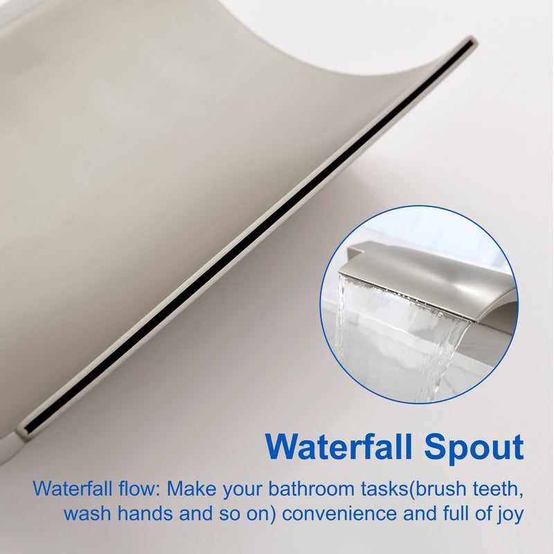Bathroom Roman Tub Faucet with Waterfall Spout, 3 Hole Deck Mount Widespread Basin Faucet