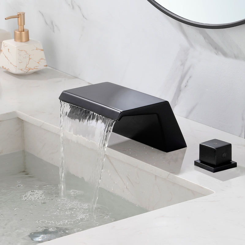 Deck-Mounted Waterfall Tub Filler 3 Hole Widespread Bathroom Sink Faucet with Two Square Handle