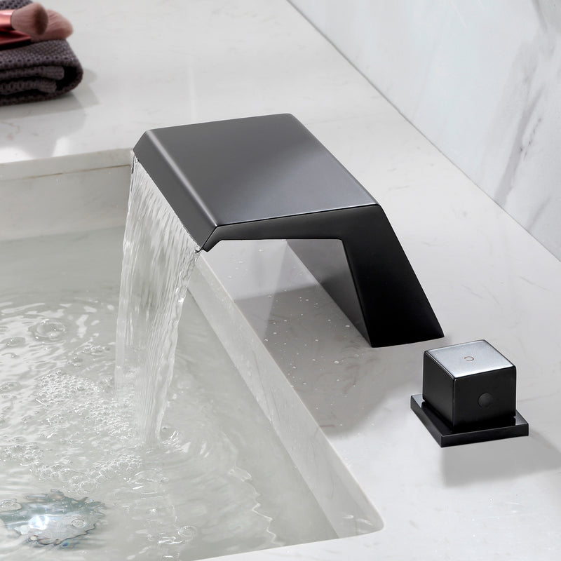 Deck-Mounted Waterfall Tub Filler 3 Hole Widespread Bathroom Sink Faucet with Two Square Handle