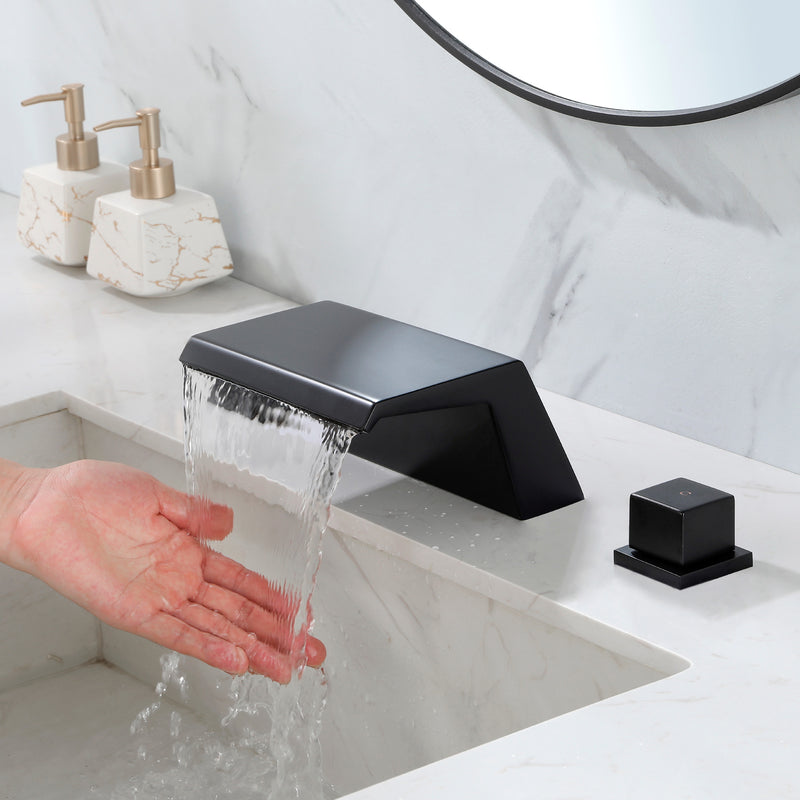Deck-Mounted Waterfall Tub Filler 3 Hole Widespread Bathroom Sink Faucet with Two Square Handle