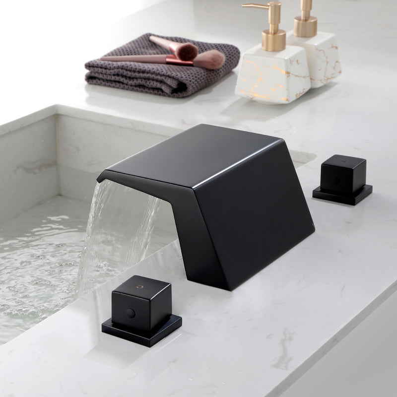 Deck-Mounted Waterfall Tub Filler 3 Hole Widespread Bathroom Sink Faucet with Two Square Handle