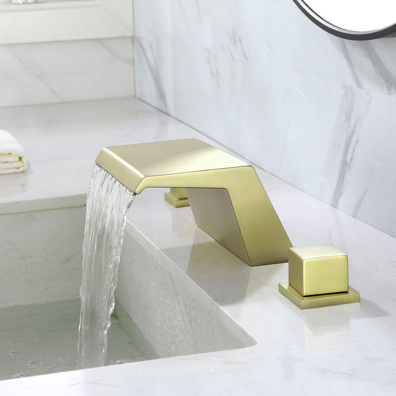 Deck-Mounted Waterfall Tub Filler 3 Hole Widespread Bathroom Sink Faucet with Two Square Handle