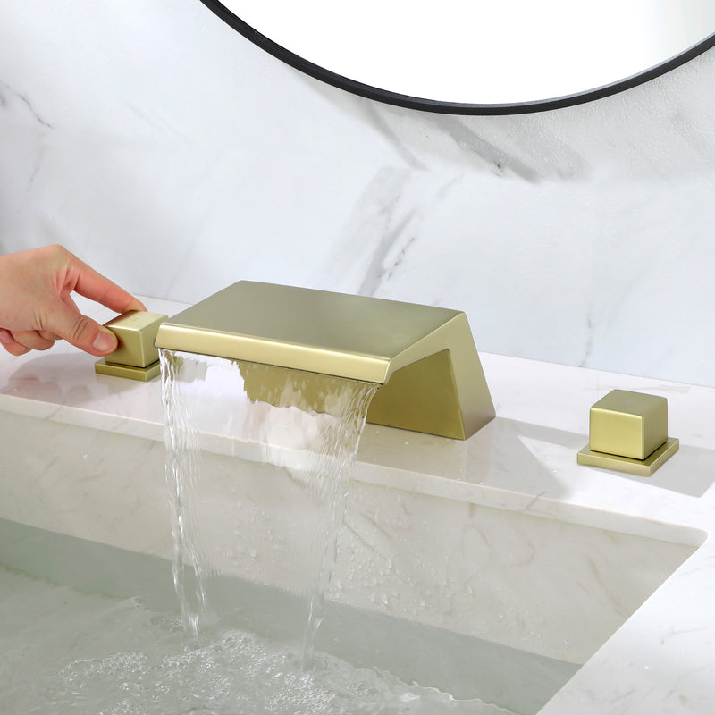 Deck-Mounted Waterfall Tub Filler 3 Hole Widespread Bathroom Sink Faucet with Two Square Handle