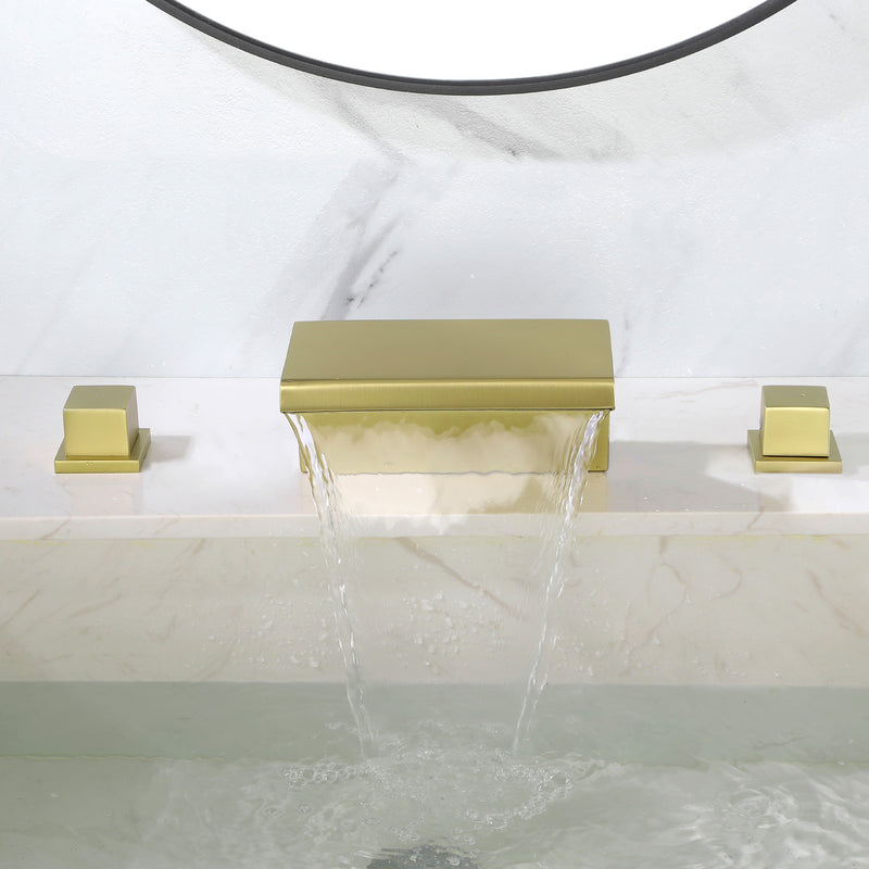 Deck-Mounted Waterfall Tub Filler 3 Hole Widespread Bathroom Sink Faucet with Two Square Handle
