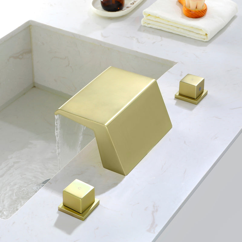 Deck-Mounted Waterfall Tub Filler 3 Hole Widespread Bathroom Sink Faucet with Two Square Handle