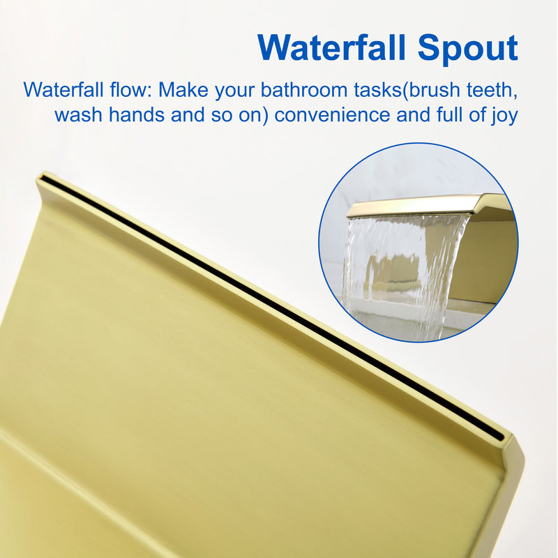 Deck-Mounted Waterfall Tub Filler 3 Hole Widespread Bathroom Sink Faucet with Two Square Handle