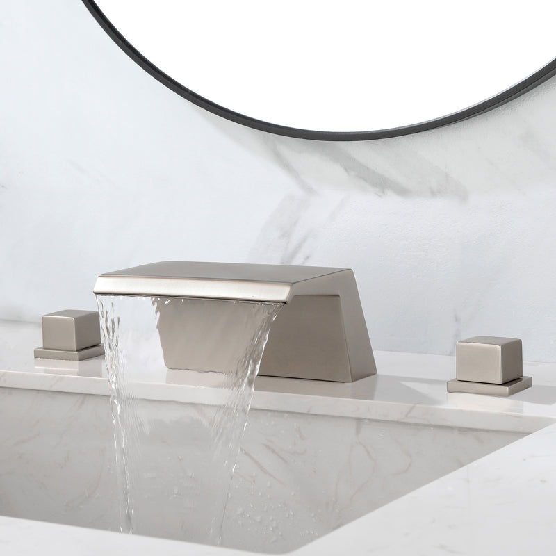 Deck-Mounted Waterfall Tub Filler 3 Hole Widespread Bathroom Sink Faucet with Two Square Handle