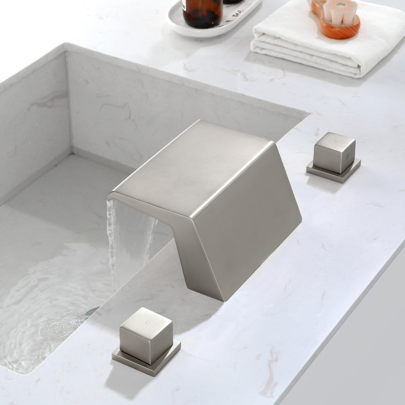 Deck-Mounted Waterfall Tub Filler 3 Hole Widespread Bathroom Sink Faucet with Two Square Handle