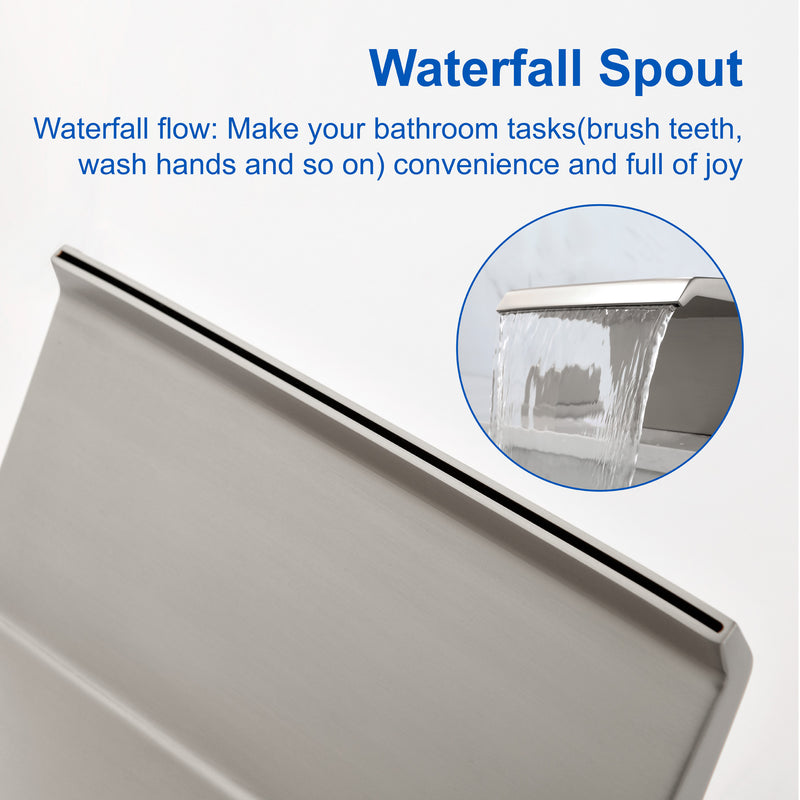 Deck-Mounted Waterfall Tub Filler 3 Hole Widespread Bathroom Sink Faucet with Two Square Handle