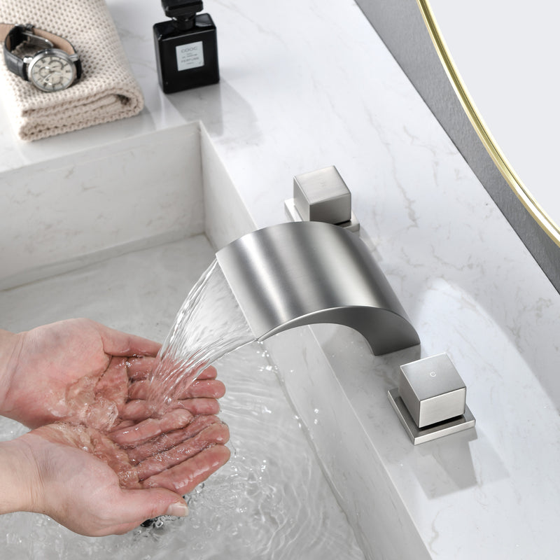 SHAMANDA Deck Mount Bathtub Faucet, Waterfall Roman Tub Filler Faucet Two Square Handle Bathroom Sink Faucet