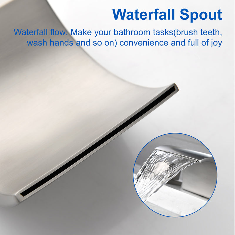 SHAMANDA Deck Mount Bathtub Faucet, Waterfall Roman Tub Filler Faucet Two Square Handle Bathroom Sink Faucet