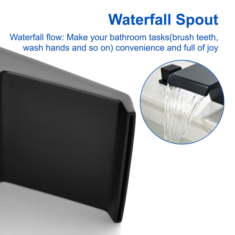 Waterfall Tub Filler Deck Mount, 3 Hole Roman Bathtub Faucet Two Square Handle Bathroom Sink Faucet