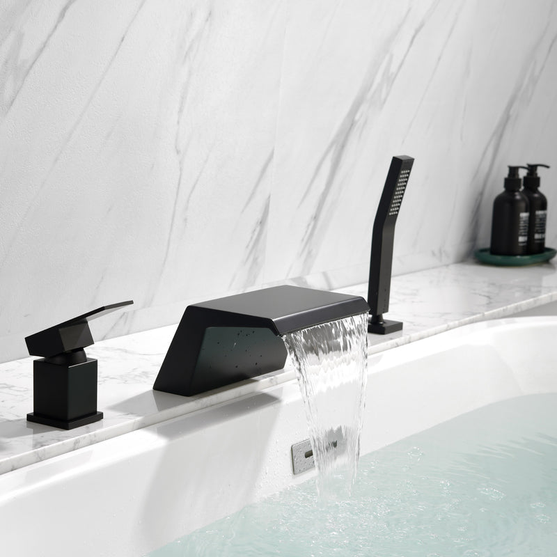 Waterfall Roman Tub Faucet with Sprayer Solid Brass Single Handle 4-Piece Deck Mounted Tub Filler