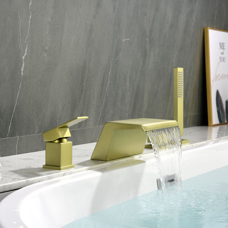 Waterfall Roman Tub Faucet with Sprayer Solid Brass Single Handle 4-Piece Deck Mounted Tub Filler