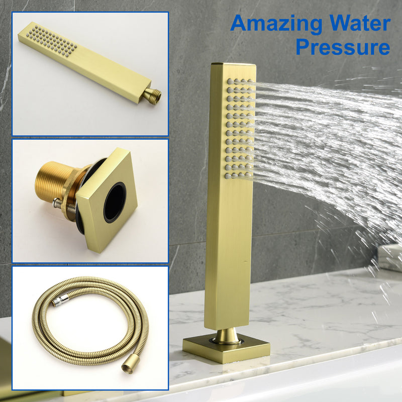 Waterfall Roman Tub Faucet with Sprayer Solid Brass Single Handle 4-Piece Deck Mounted Tub Filler