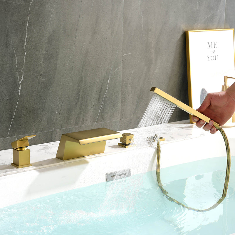 Waterfall Roman Tub Faucet with Sprayer Solid Brass Single Handle 4-Piece Deck Mounted Tub Filler
