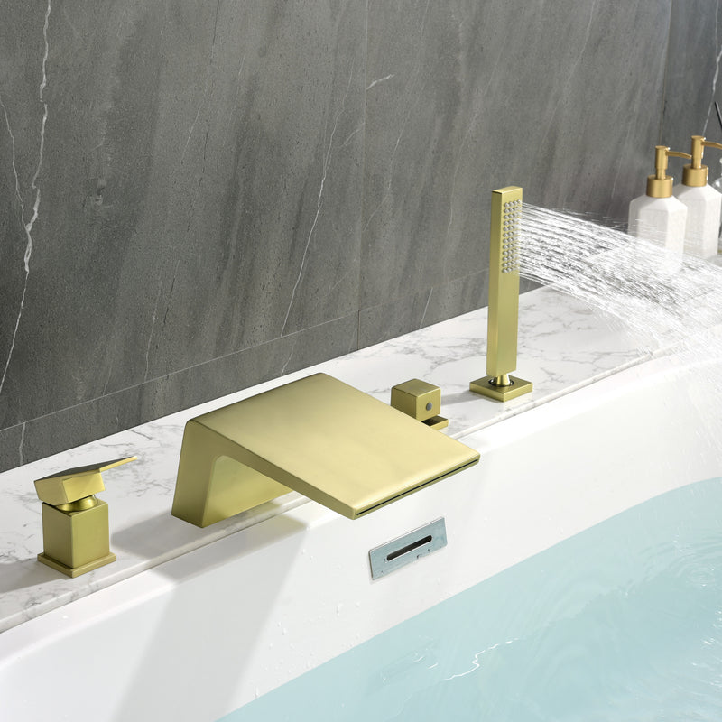 Deck Mount Roman Tub Faucet with Sprayer Waterfall Tub Filler with Hand Shower, Single Handle Bathtub Faucet Set with Handheld Shower Head, Valve and Trim Included