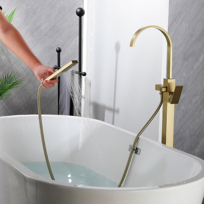 Single Handle Floor Mounted Free Standing Bathtub Faucet Tub Filler Faucet with Handshower