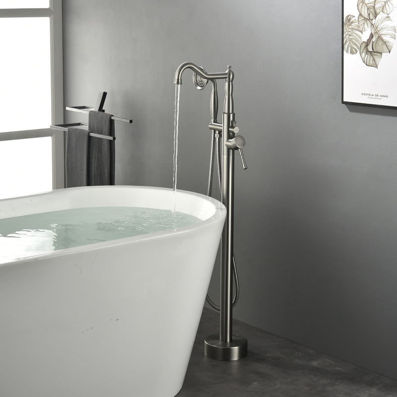 Freestanding Floor Mount Tub Filler with Handheld Shower Roman Bathtub Faucet by Finish, Swivel Spout with Brass Rough-in and Water Hose