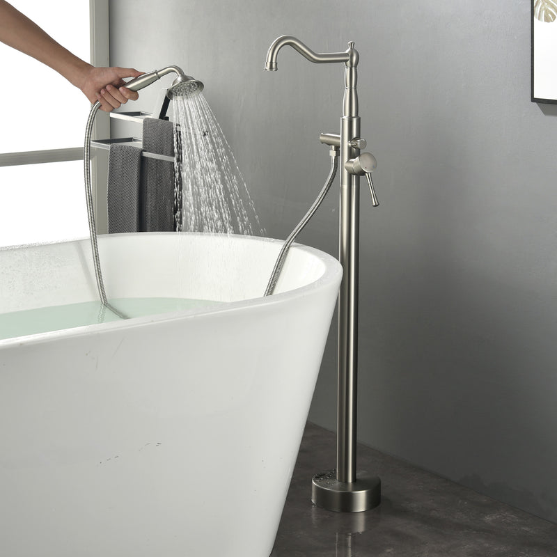 Freestanding Floor Mount Tub Filler with Handheld Shower Roman Bathtub Faucet by Finish, Swivel Spout with Brass Rough-in and Water Hose