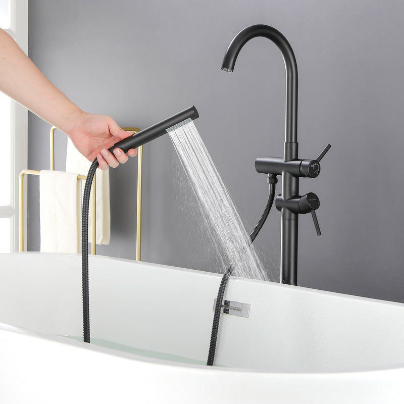 Freestanding Bathtub Faucet with Hand Shower Floor Mount Bath Tub Filler Faucet in Matte Black, Brushed Nickel, Brushed Gold