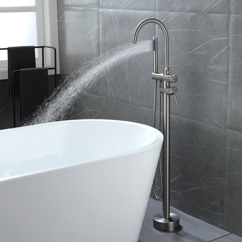 Freestanding Bathtub Faucet with Hand Shower Floor Mount Bath Tub Filler Faucet in Matte Black, Brushed Nickel, Brushed Gold