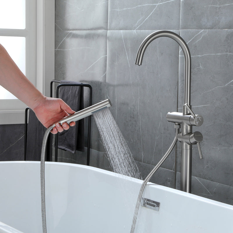 Freestanding Bathtub Faucet with Hand Shower Floor Mount Bath Tub Filler Faucet in Matte Black, Brushed Nickel, Brushed Gold